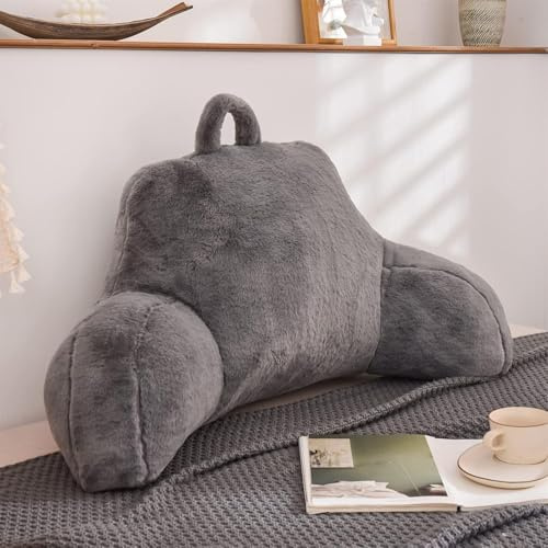 LANPEW Rückenkissen für Bett und Sofa mit Armlehnen Ergonomisches Lesekissen Erwachsene Atmungsaktives Lesesitzkissen mit Abnehmbarem Bezug Für Lesen,Arbeiten (Plüsch Grau, 60 * 40cm)