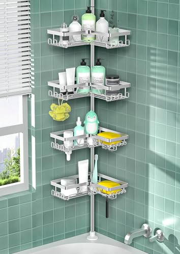 Cooeco Dusche Caddy Corner - Telescopique Badezimmer Regal von 25 bis 114 Zoll, Rustproof Dusche Caddy mit 4 Körbe, No Drilling Silbrig