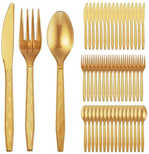 Cubiertos De Reutilizables 120 Piezas Tenedores De Reutilizables Y Resistentes 40 Cuchillo, Horquilla, Cuchara Cada Para Fiestas Cumpleaños Bodas Aniversarios, Oro