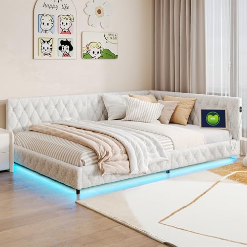 KOOPMAD Sängsoffa, 140 x 200 med LED och USB, enkelsäng, ungdomssäng, gästsäng, dagsäng, resårsäng, dubbelsäng, barnsäng, sängram med ribbotten, utan madrass (beige)