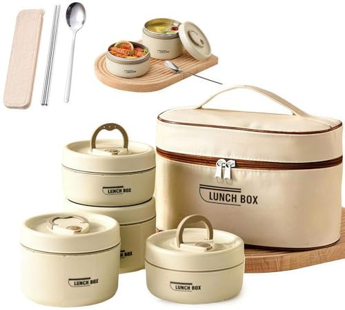 4 Tier Insulated Lunch Container Set,Stackable Stainless Steel Hot Lunch Box for Adults with Insulated Bag,Portable Leakproof Bento Box for Work,Picnics & Camping,Microwave-Safe Food Containers