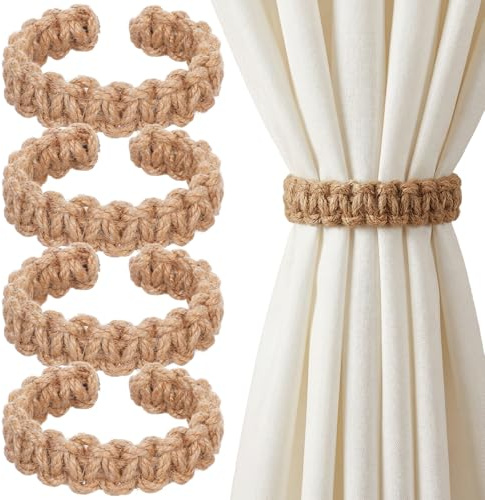 PEOVLVN 4 Pack Curtain Tiebacks, Boho Rustic Braided Curtain Holdbacks Tie Backs Holders for Curtains Drapes Home Office Bedroom Window Decorative Accessories (Brown)
