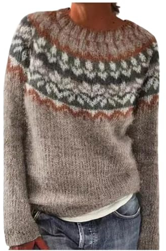 FlutVolt Suéter noruego para mujer, elegante suéter de invierno de cuello alto, suéteres de punto grueso, suéter casual suelto de manga larga, suéteres con patrón noruego, Oro rosa 03, XXL