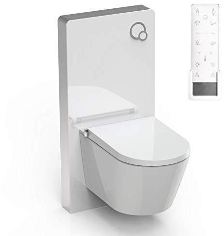 BERNSTEIN - Pack WC japonais + Module sanitaire Blanc, Toilettes suspendu lavant céramique + télécommande, jet douche, séchoir air chaud, filtre à odeurs, Chasse Vortex 180°, 59x38x38cm - Pro+1102