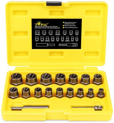 TOPEC 18-Piece Bolt Extractor Set, Rounded Bolt Remover Tool, Impact Bolt & Nut Extractor Set, 3/8 Drive Bolt Extractor Kit, for Removing Stripped, Damaged, Frozen, Rusted, Rounded-Off Bolts & Nuts