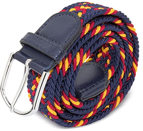 Cinturón para hombre con Bandera de España. Cinturón elástico y trenzado 120cm. (Azul Marino Hebilla Azul Marino)