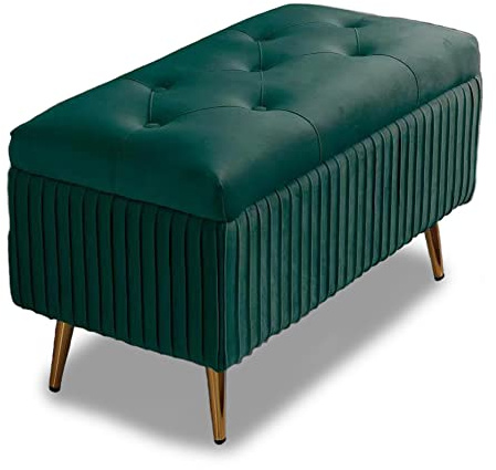 BAKAJI Pouf Cassapanca Panca Contenitore Poggiapiedi Camera Letto Rivestimento Velluto Rettangolare Morbido Capiente Divanetto Portaoggetti Apribile Imbottitura Struttura Legno Capiente(Verde),MEDIA