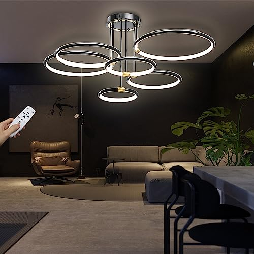 100cm Modern LED Deckenleuchte 105W 8900lm Dimmbar Deckenlampe 6 Ring Wohnzimmerlampe Ringsform Schwarz Schlafzimmerlampe mit Fernbedienung Led Beleuchtung für Wohnzimmer Schlafzimmer Küche Esszimmer