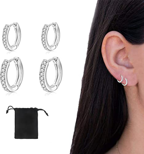 LICHUAN Silber Creolen Ohrringe für Damens, Creolen mit AAA Zirkonia, Hypoallergen Klein Schlafen Kreolen für Geburtstagsgeschenk- 2 Paar,Silber