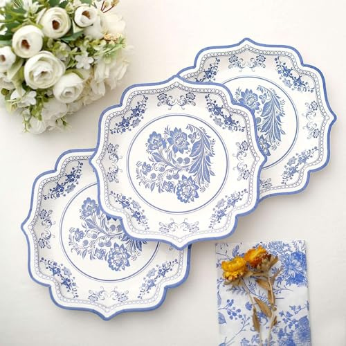Efavormart 25 Pack | 8 White/Blue Chinoiserie Floral Print Paper Dessert Plates With Scalloped Rims, Disposable Salad Appetizer Plates - 300 GSM