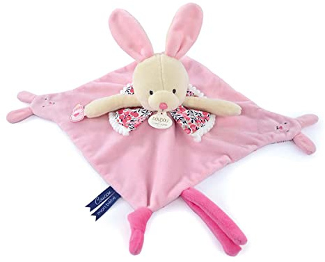 DOUDOU ET COMPAGNIE - Les Petits Futés - Doudou Plat Marionnette À Doigt Lapin Rose - 30 cm - Multitextures Et Éveil Sensoriel - Pour Expression Émotionnelle - Garantie Doudou Perdu - DC4054