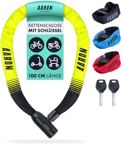 AARON Lock One Fahrradschloss mit Schlüssel, Kettenschloss aus Stahl und hoher Sicherheitsstufe | Schloss für für E-Bike, Mountainbike, Trekkingrad, Tourenrad, Rennrad in gelb