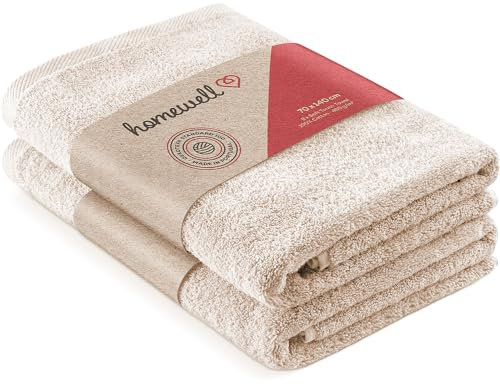 Homewell Handtücher Set - weich und saugstark, 100% Baumwolle, Oeko-Tex 100 Zertifiziert (2 Badetücher 70x140 cm, Beige)
