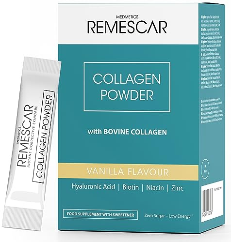 Remescar Colágeno en Polvo 30 Sobres – Con Ácido Hialurónico, Biotina, Vitamina C y Zinc – Suplemento para Piel, Cabello y Uñas – Sabor Vainilla