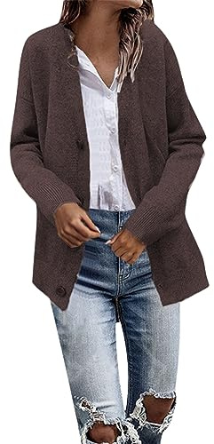 Chaqueta de punto para mujer, ligera con botones, casual, de un solo color, manga larga, elegante, con cuello en V, cárdigan, suéter de punto con abertura frontal, marrón, M