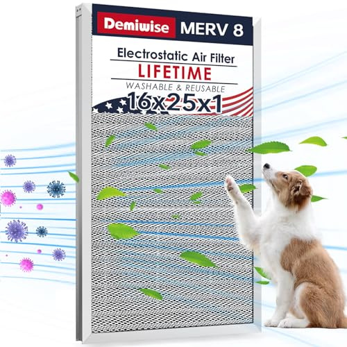 Demiwise 16 x 25 x 1 elektrostatiskt luftfilter, MERV 8 återanvändbart aluminium AC/HVAC ugnsfilter, tvättbart permanent luftfilter, håller hela livet, lätt att rengöra (faktisk storlek: 15,50 x 24,65