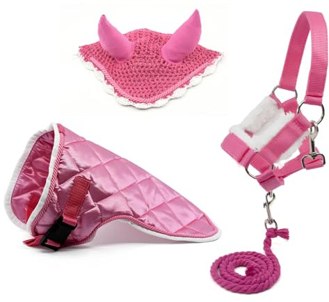 Set di accessori rosa per Hobby Horse e cavallo stick: cavezza muta con cordino + coperta + berretto anti-mosche