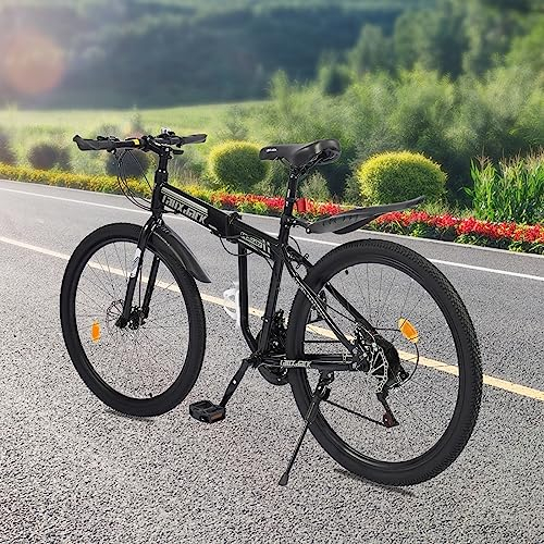 26 21-Gang Mountainbike Fahrrad Unisex Klapprad Scheibenbremse Bicycle Kohlenstoffstahl Faltbar Faltrad FahrräDer Klappfahrrad Bike Leichtgewicht Mit Federgabe Mtb Schutzblechset Schwarz+Weiß