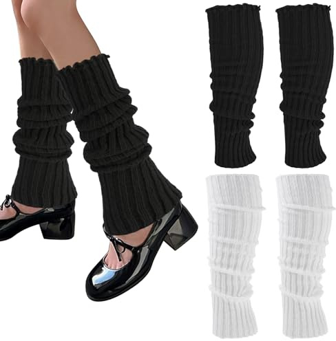 Abeillo Leg Warmers, 2Pairs Fashion Knit Stretchy Leg Warmer Socks for Women Leg Sculpting, Fall/Winter Womens Leg Sleeves Fashion Kawaii Accessorie Black/White