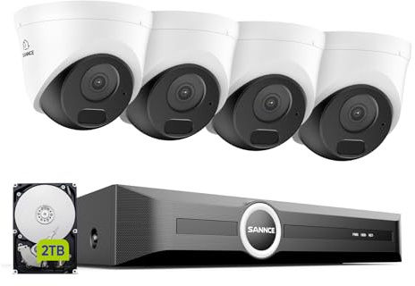 SANNCE Sistema de cámara de vigilancia PoE de 5 MP, 8 Canales, 5 MP, grabadora NVR, videovigilancia y 4 cámaras IP Exteriores IP66, detección de Movimiento, Acceso Remoto de Disco Duro de 2 TB