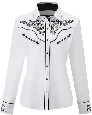Women's Embroidered Western Cowboy Shirt Vintage Style Long Sleeve Button Down Shirt Premium Quality Snap Front Design S-3XL, White, L