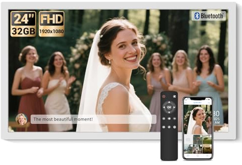 BSIMB Stor digital bildram 24 tum, 1920 x 1080 FHD WiFi digital fotoram elektronisk 32 GB skärm, väggmontering ingår, dela bilder/videor via app enkel installation gåvor för mamma (ej beröring), vit