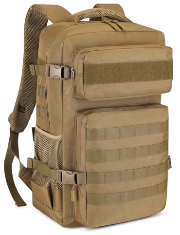 HUNTVP Mochila Militar 30L Mochila Tactica Mochila Hombre Impermeable Molle Mochila de Emergencia para Viaje Senderismo Camping Montañismo,30L-Marrón