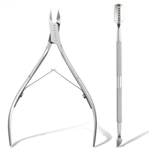 Makartt Recortador de cutículas con quitacutículas, 2 herramientas para eliminar cutículas, juego de tijeras profesionales para cutículas con pinzas para cutículas de acero inoxidable