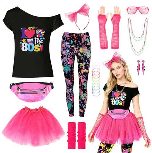 HuiJuKeJi 80-tals outfit damset 80-tals 90-tals kostym dam retro år fest outfit karneval halloween temafest kostym neon fest år kläder accessoarer (L)