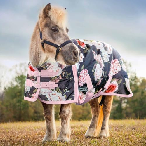 Jeffers Expression Pony 1200 Denier Standard Neck Turnout Blanket 240 Gram, 63 – Waterproof Breathable Medium Weight Horse Rug for Mini Horses, Ponies, Winter Stable Outdoor Use - Rose Garden