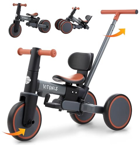 Tricycle bébé évolutif 5 en 1, Vélos pour Enfants de 1 à 3 Ans avec Barre de poussée pour Les Enfants，Cadeaux et Jouets pour garçons et Filles (Gris)