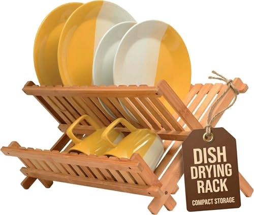 Dish Drying Rack - Collapsible Bamboo 2 Tier Foldable Wooden Dish Drainer for Countertop, Plates Cups Bowls Utensils, Eco Friendly Folding Bamboo Dish Rack for Kitchen Home Apartment RV - by Bambusi