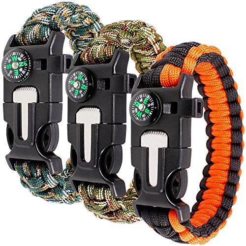 Paracord Armband Kit 3er-Set für Outdoor Survival, maxin 9 Zoll Survival Gear Kitmit eingebetteten Kompass, Feuerstarter, Notfall Messer & Pfeifen.