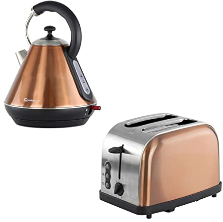 SQ Professional Kettle & Toaster Sets Rapid Boil Electric Kettle Stainless Steel Toaster 2 Slice 6 Browning Controls Defrost Reheat, Crumb Tray (Gems Axinite Copper)