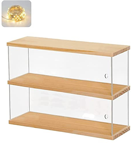 Vetrina Espositiva per Funko Pop Action Figure Collezionismo, Teca Plexiglass Vetrinetta Acrilico Trasparente 2 Strati con Porta con Base in Legno & Luce di Stringa (Legno, 39.5x9.6x27.5 cm)