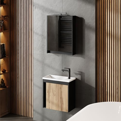 Planetmöbel Conjunto de Muebles de baño de 3 Piezas Lavabo con Mueble bajo Lavabo 50 x 48,3 x 24,8 cm Negro Mate/Roble Wotan, Armario con Espejo 50 x 65 x 11,4 cm con lámpara LED empotrada
