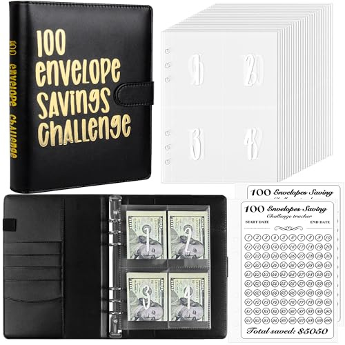 LingLingo 100 Envelopes Money Saving Challenge Binder, Easy and Fun Way to Save $5,050, A5 Budget Book with Cash Envelopes Kit,Black,Gold