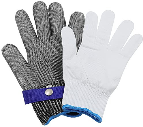 Stainless Steel Wire Glove Metal Mesh Chainmail Glove Breathable Cut Resistant Glove with White Nylon Glove for Cutting Operations (Silver Gray)