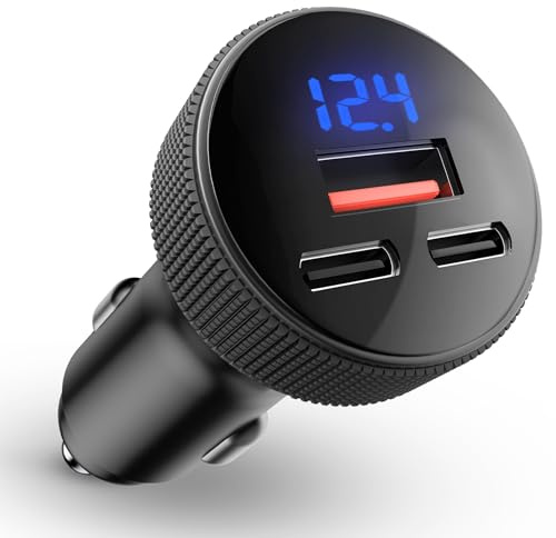 108W Caricabatteria Auto USB C con Voltmetro LED, [Doppia PD+QC3.0] Accendisigari Adattatore, 3-Porte Accendisigari USB DC12-24V, con iOS, Android, Samsung, Tablet e Tutti gli Smartphone