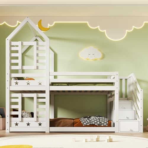 BTM Bunk Bed with Stair, Storage Children Cabin Bed Single Bed with Windows for Kids, Twin Sleeper 190x90 cm, Solid Pine Wood Kisd Bunk Bed