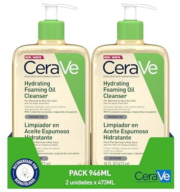 CeraVe Limpiador en Aceite Espumoso Hidratante 2x 473ml, Para Pieles Normales a Muy Secas con Tendencia Atópica, Para Rostro y Cuerpo, Limpia e Hidrata, Enriquecido con Ácido Hialurónico, 473ml