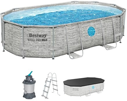 Bestway 56946-7 Set piscina fuori terra ovale Steel Pro MAX Splashview - 4,88 m x 3,05 m x 1,07 m, grigio effetto pietra