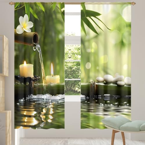 Mexpekil Paire de voilages semi-transparents en forme de feuilles de bambou japonais pour salon, chambre à coucher, maison, cuisine, 140 cm de large, 2 panneaux