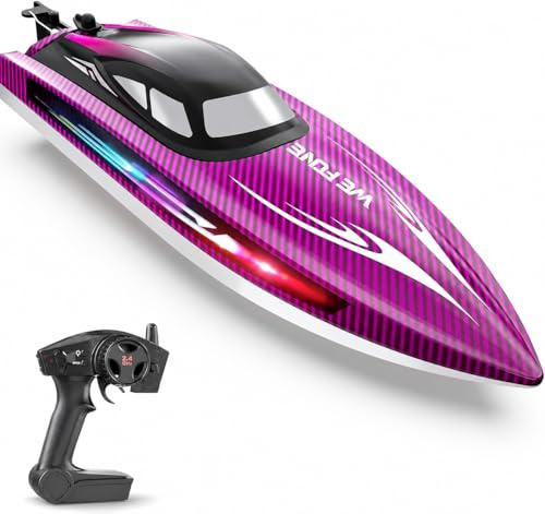 WeFone Bateau RC pour Enfants 8-12 Ans et Adultes, 24+ km/h, lumières LED, 2 Batteries 30-40 Min, Jouet d’été pour Piscine/lac, Cadeau garçon/Fille, Bateau télécommandé Rapide WF17 Bleu (Violet)