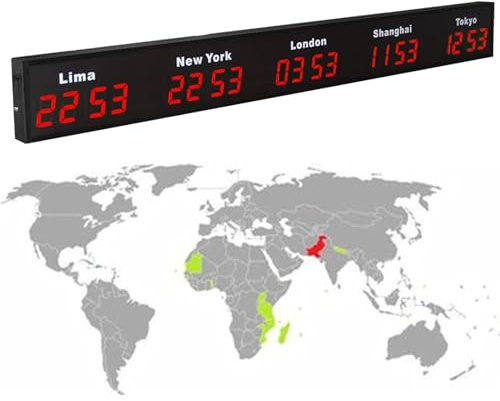 Grande orologio mondiale digitale a LED, orologio mondiale con fuso orario 3/4/5 montato a parete, orologio mondiale con fuso orario della città, hotel, multinazionale,Red-5City