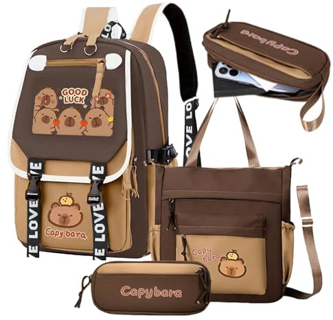 Zaino scolastico per ragazze, adorabile design Capybara, borsa leggera per scuola media, con borse messenger abbinate, astuccio per adolescenti, bambini, ragazzi e bambini, B, Refer to description