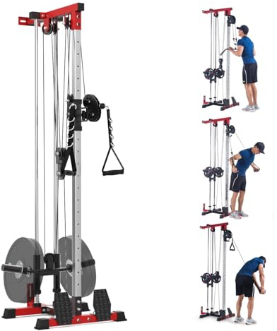 Wall Mount Cable Machine, Dual Pulley Cable Crossover Machine with 20-Position Adjustable Tower, LAT Pulldown & Low Row Home Gym System Includes LAT Bar, Tricep Rope, t-Bar & Footboard