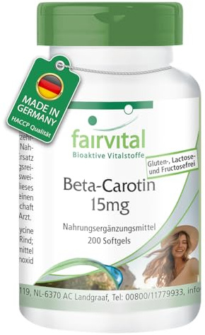 Fairvital | Betacaroteno 15mg - 200 cápsulas blandas - 15mg por cápsula blanda, lo que equivale a 25.000 UI - Calidad comprobada y alta dosis - Fabricado en Alemania