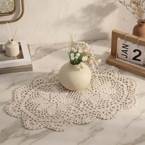 Crochet Doilies, 12 ×17 Inch Handmade Cotton Oval Lace Placemats Vintage Doilies for Tables Knitted Tablecloth for Home Kitchen Dining Room Wedding Party Decoration (Beige)