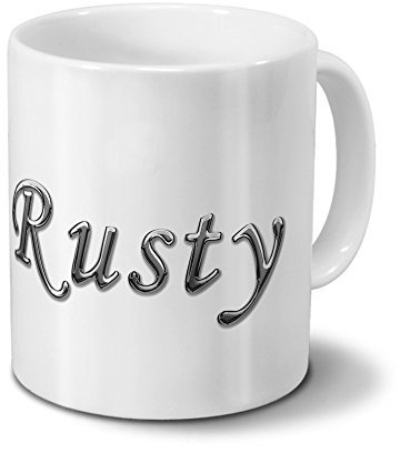 printplanet Tasse mit Namen Rusty - Motiv Chrom-Schriftzug - Namenstasse, Kaffeebecher, Mug, Becher, Kaffeetasse - Farbe Weiß